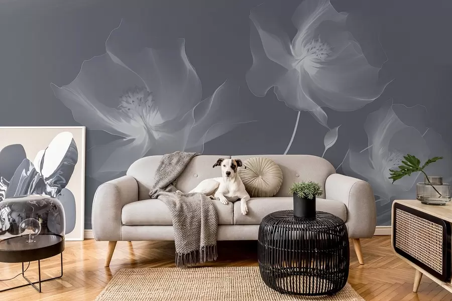 murales Tres gráciles flores de pétalos translúcidos, entrelazadas con cintas de luz y viento en tonos azules w01932v2