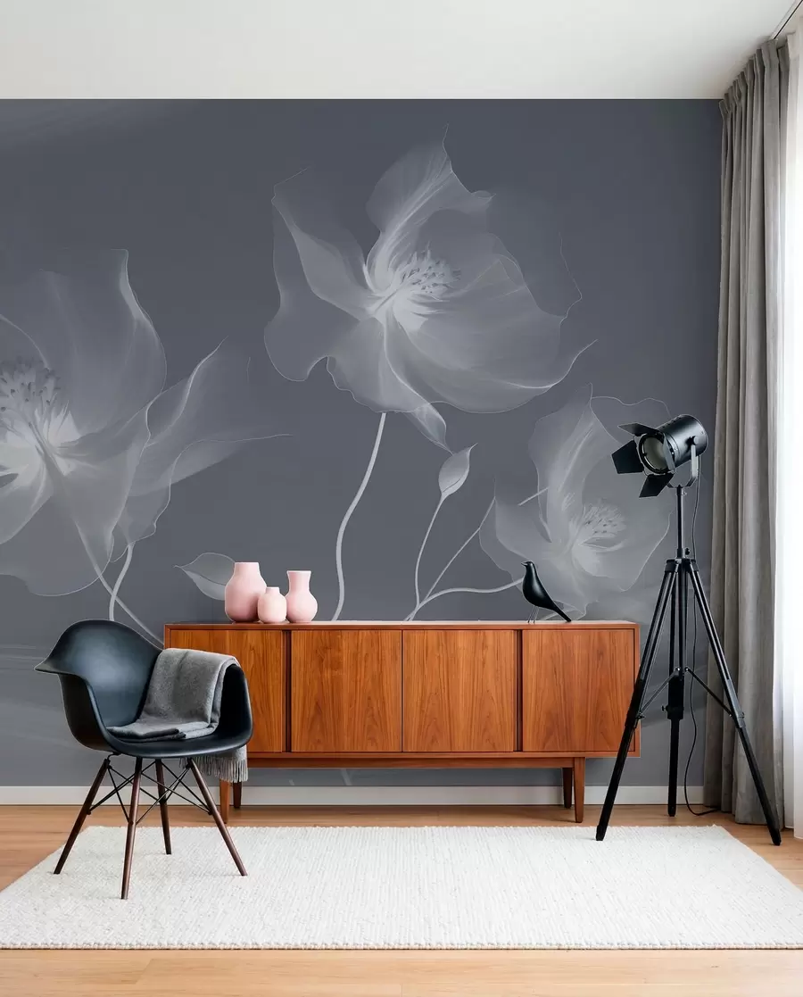 Wall Mural Photo Wallpaper Three graceful flowers with translucent petals, intertwined with ribbons of light and wind in blue tones w01932v2