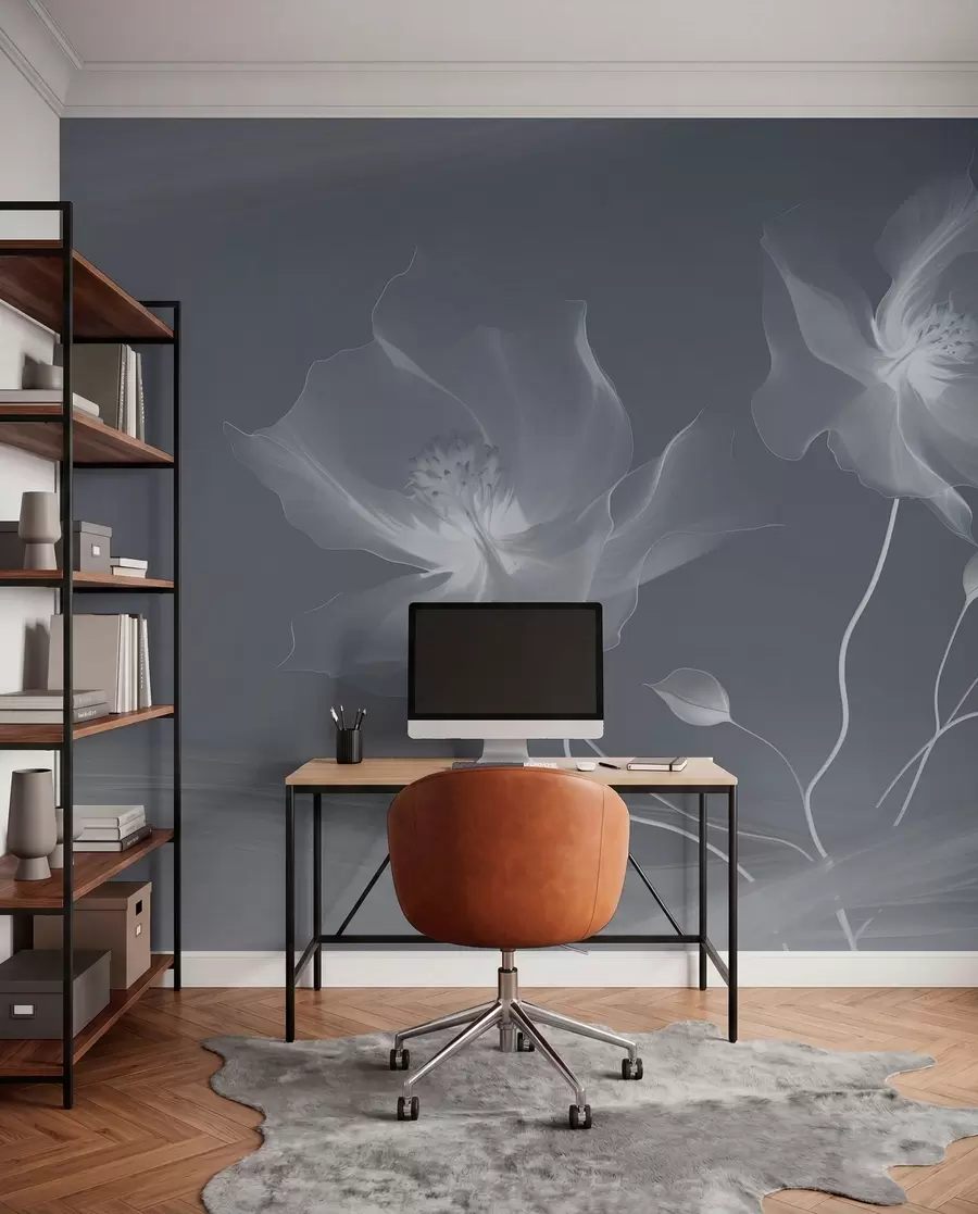 wall murals Three graceful flowers with translucent petals, intertwined with ribbons of light and wind in blue tones w01932v2