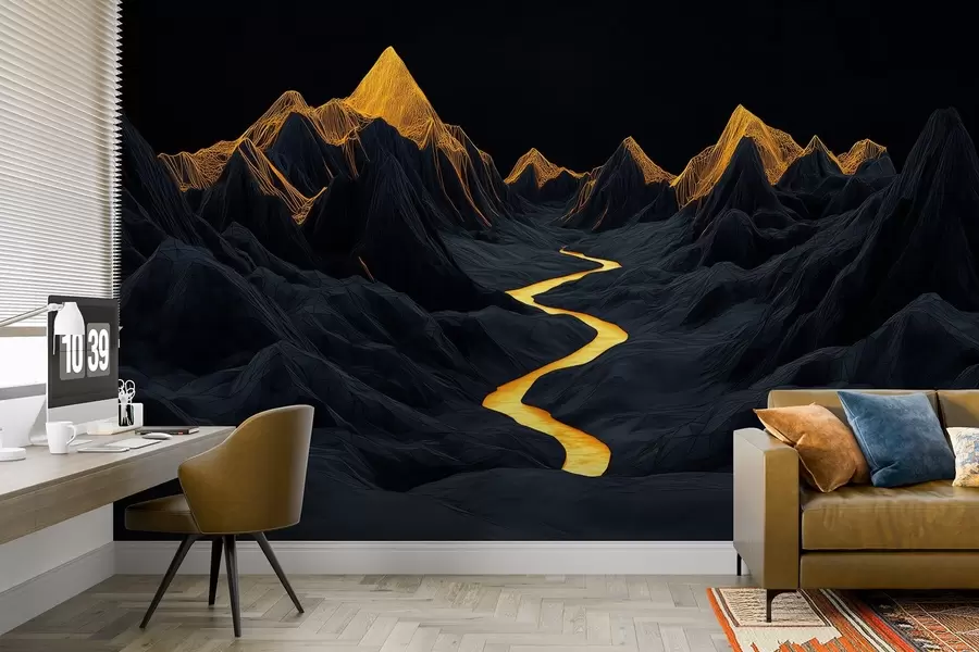 murales Paisaje poligonal negro y un río entre las montañas w02063