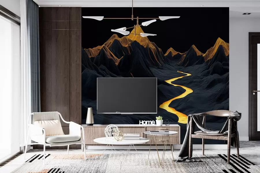 murales Paisaje poligonal negro y un río entre las montañas w02063