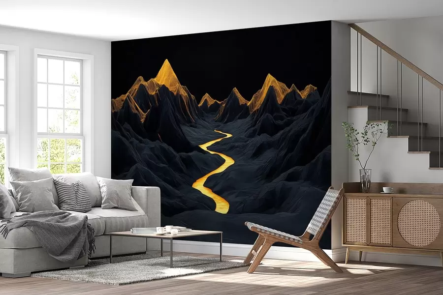 Wall Mural Photo Wallpaper Polygonal black landscape and a river between the mountains w02063