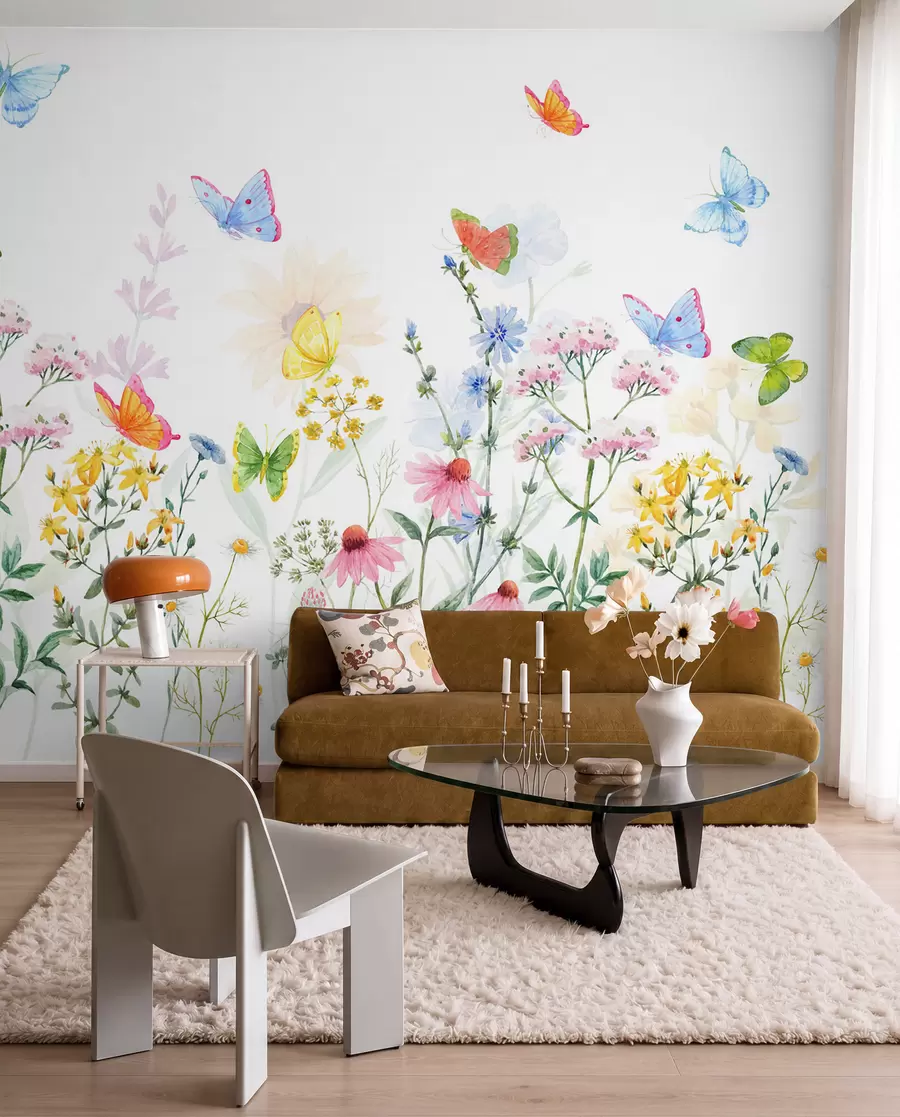 Wall Mural Photo Wallpaper Colorful flowers and plants and butterflies w02238