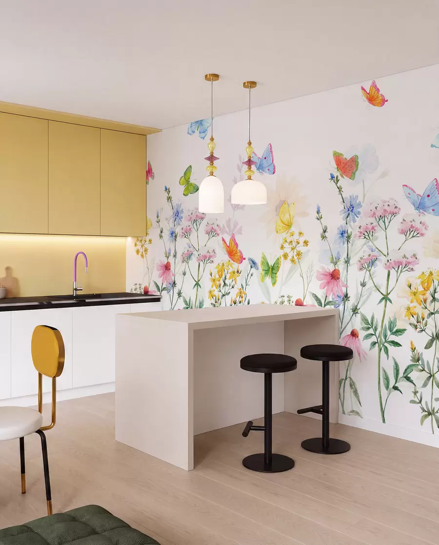 wall murals Colorful flowers and plants and butterflies w02238