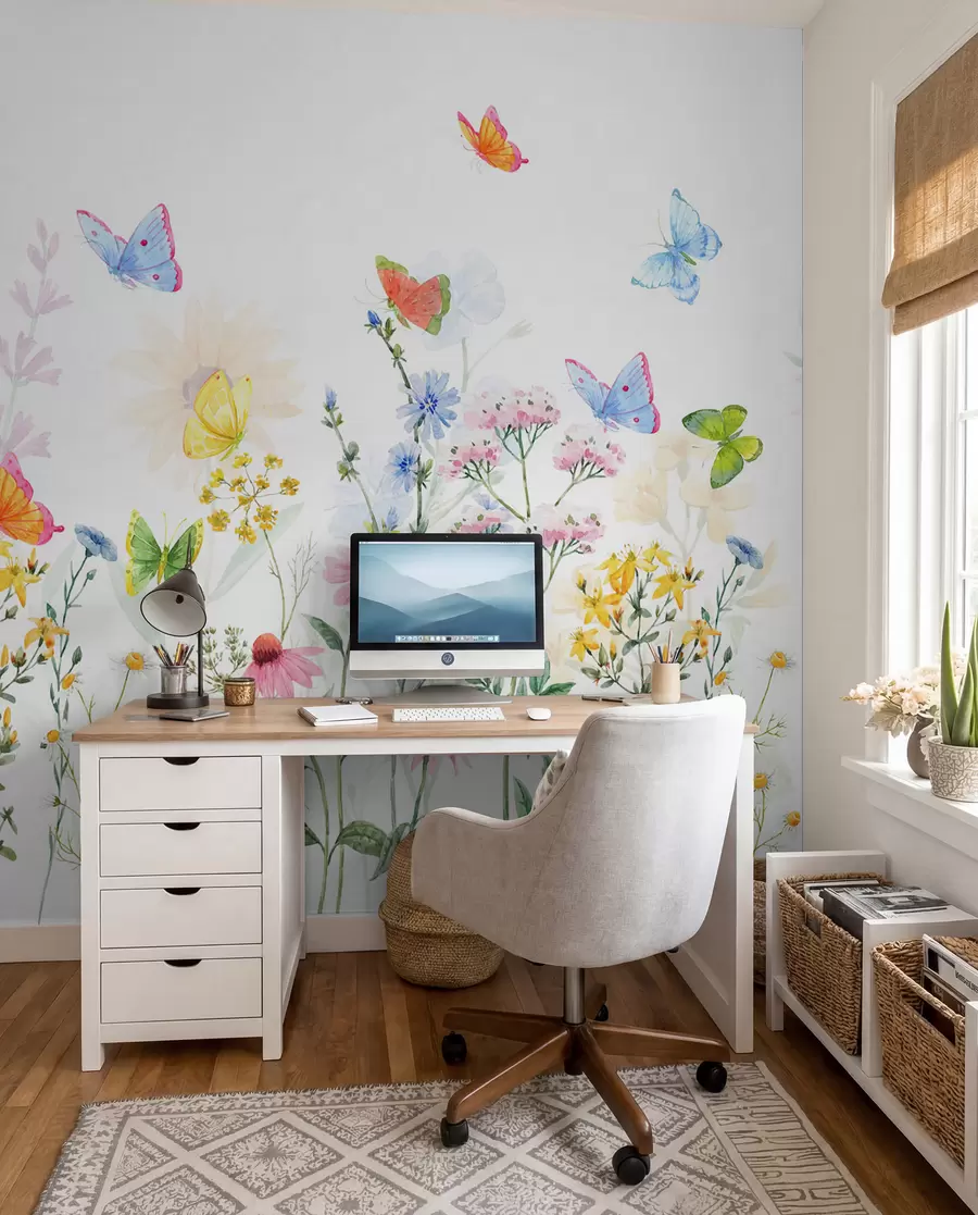 wall murals Colorful flowers and plants and butterflies w02238