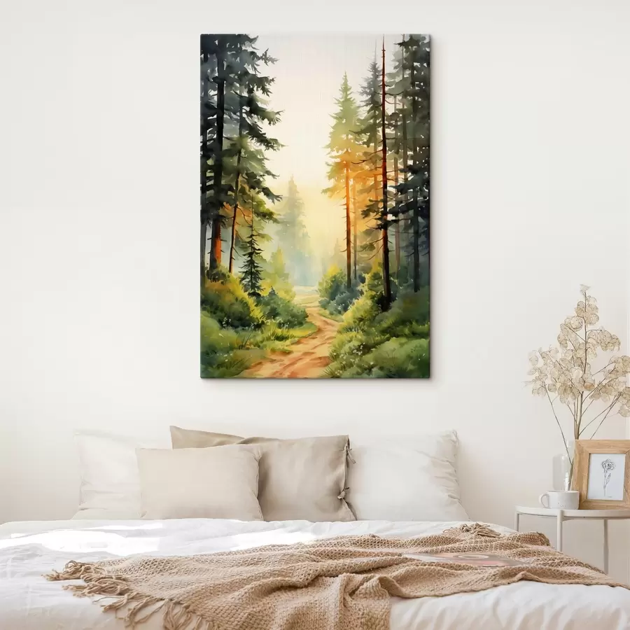 wall murals Beautiful watercolor forest with pine trees and gentle sunlight  s41637