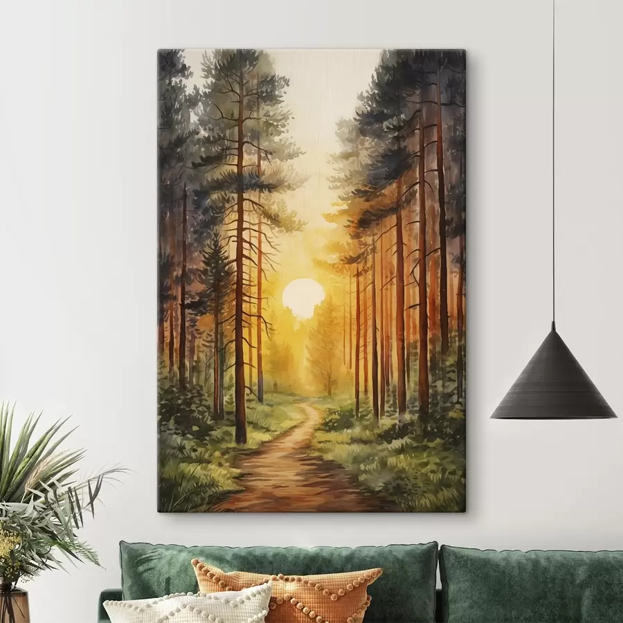 wall murals Sunset in the pine forest, watercolor, nature beauty s41638