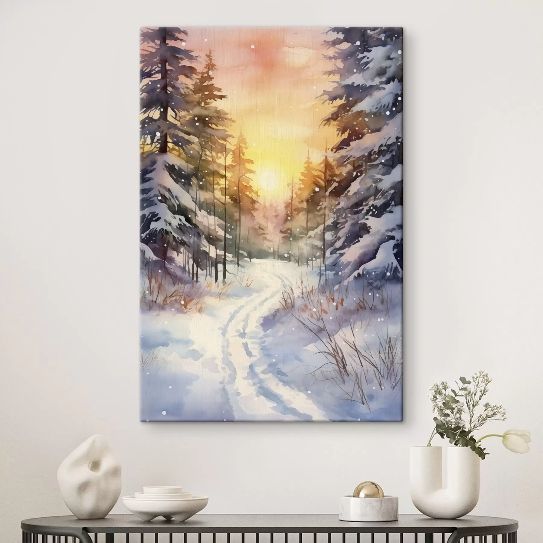 murales Acuarela bosque de invierno, copos de nieve, hermoso cielo, puesta de sol s41640