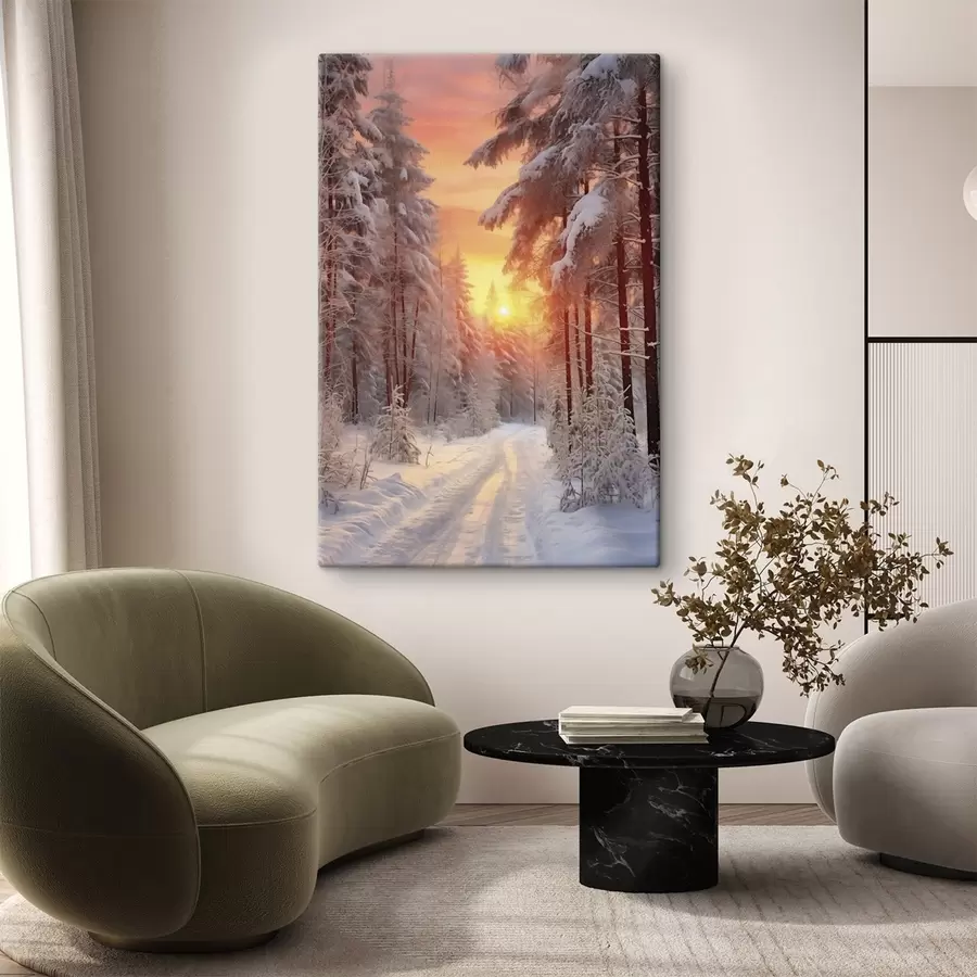 murales Un camino en el bosque de invierno, nieve, pinos, colores del atardecer s41639