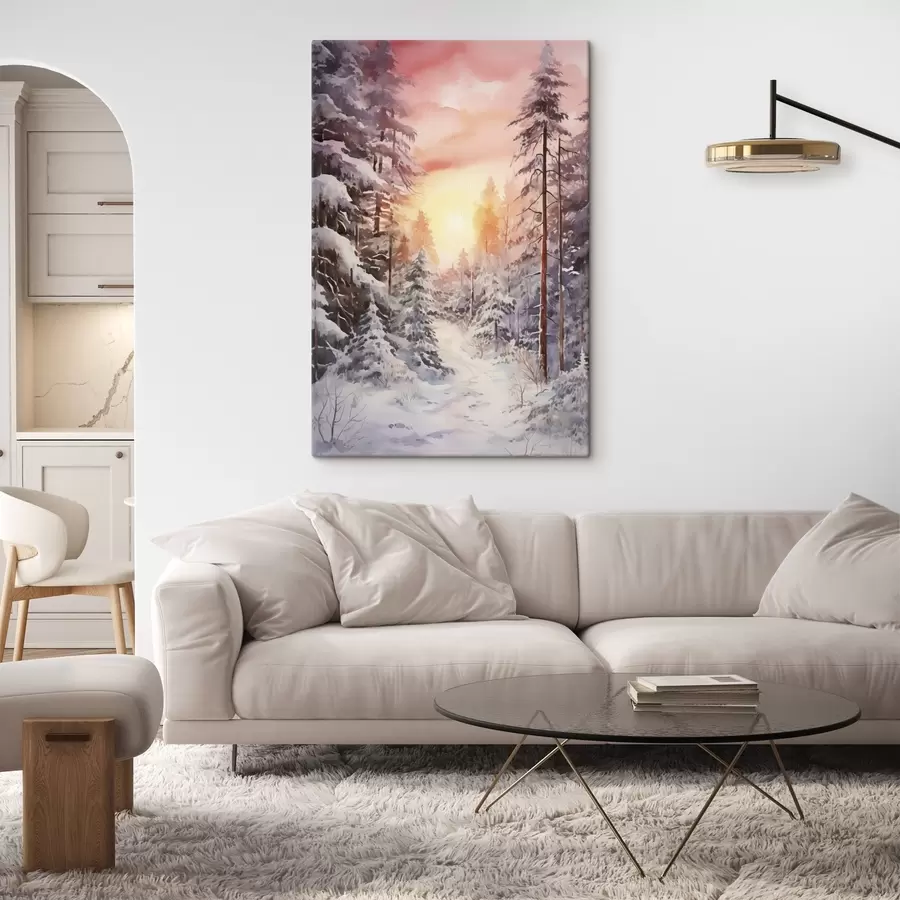 wall murals Beautiful winter, watercolor forest, snowy, trees, pink sky, sunset s41641