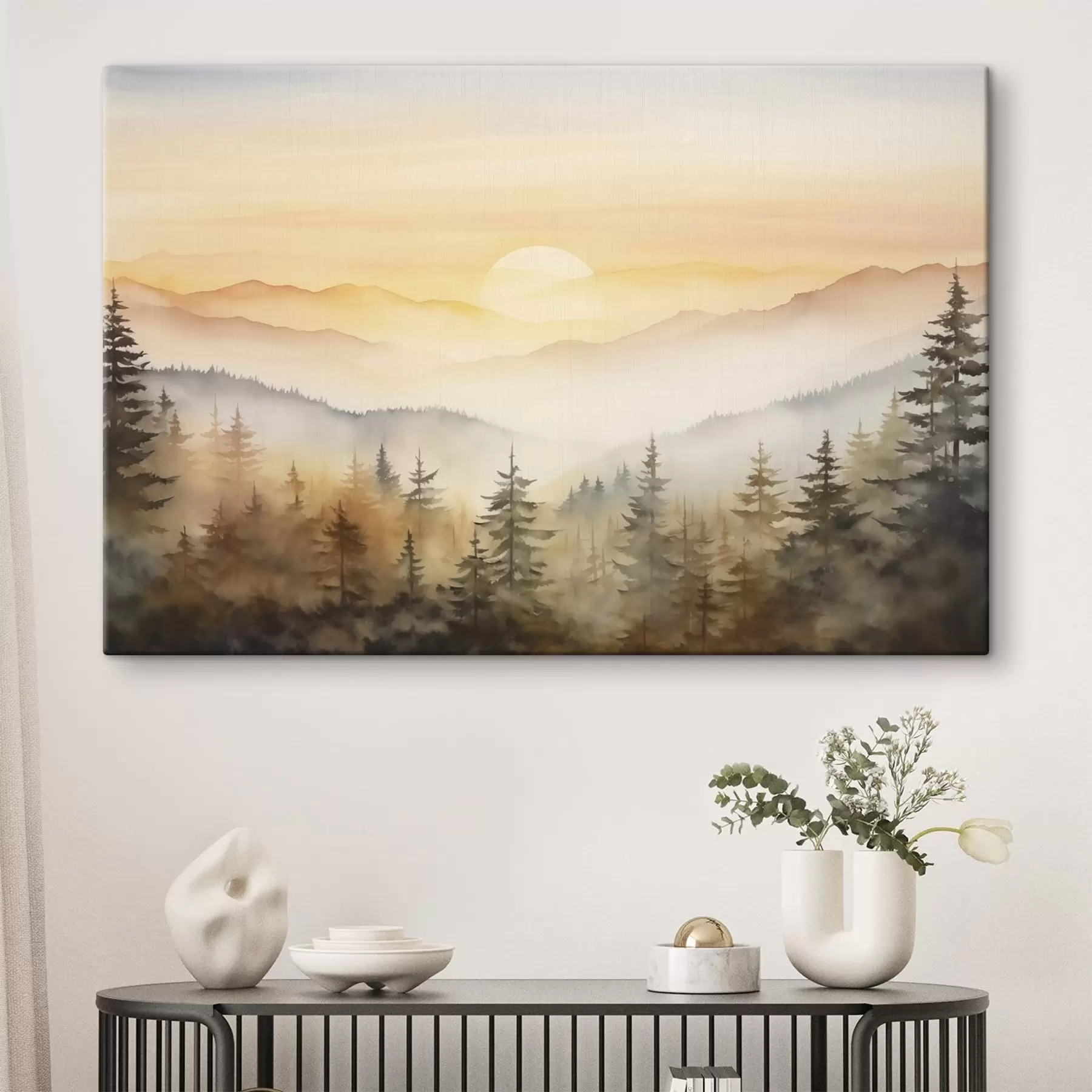 wall murals Autumn mountains landscape, pine forest, sunset, watercolor  s41645