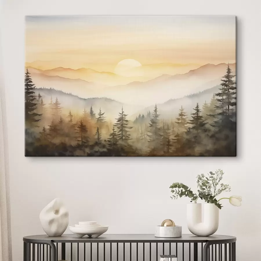 wall murals Autumn mountains landscape, pine forest, sunset, watercolor  s41645
