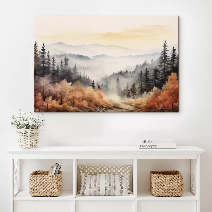 wall murals Beautiful foggy mountains, autumn forest, watercolor s41646