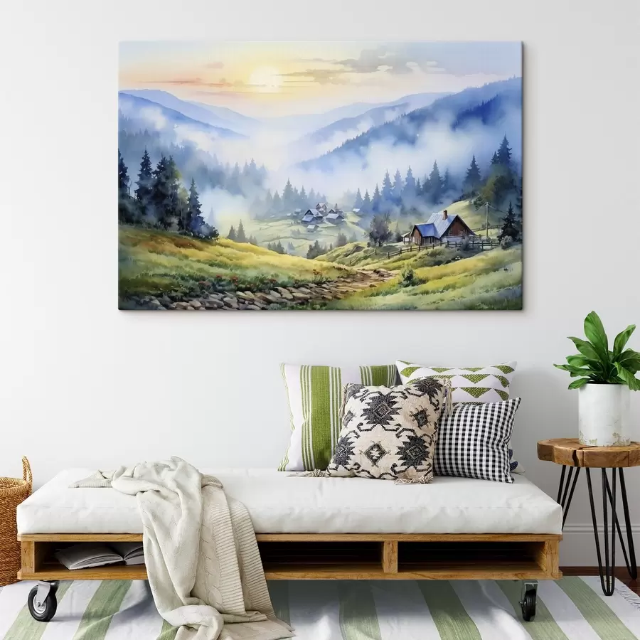 wall murals Carpathian village in the foggy mountains, forest, watercolor s41648