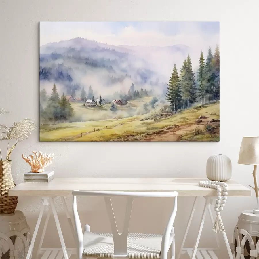 wall murals Beautiful mountains, misty forest landscapes, watercolor, village s41649