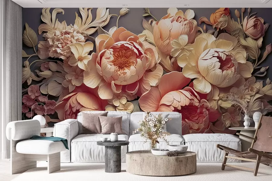 murales Arreglo floral en 3D con peonías rosa-beige y rosas estilo Rococó sobre fondo oscuro w01933