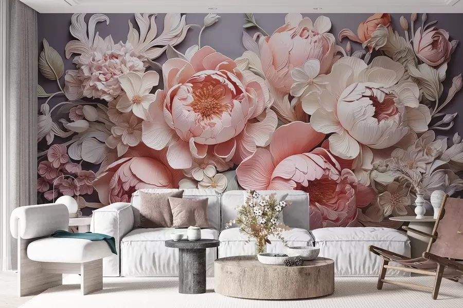 murais de parede Arranjo floral de peónias rosa-bege e rosas em estilo rococó em cores claras w01933v1