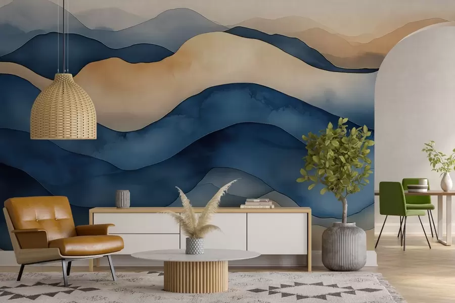 wall murals Abstract blue-beige waves reminiscent of mountains w02196