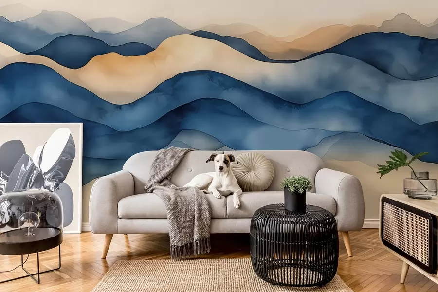 wall murals Abstract blue-beige waves reminiscent of mountains w02196