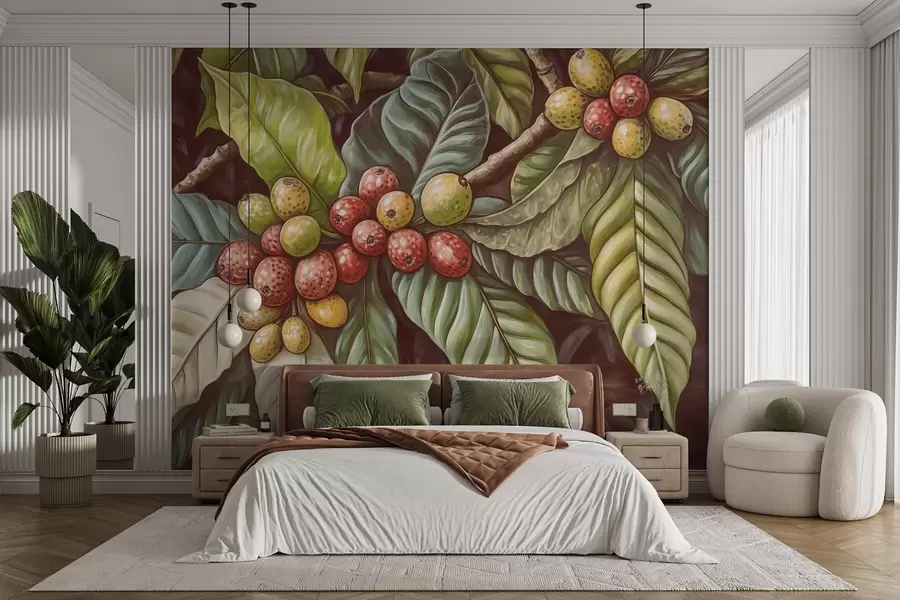 Wall Mural Photo Wallpaper Coffee plant branches with fruits and tropical elements w02209