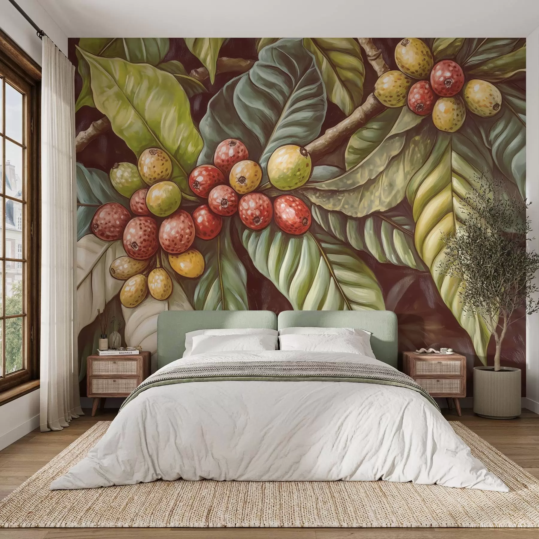 Wall Mural Photo Wallpaper Coffee plant branches with fruits and tropical elements w02209
