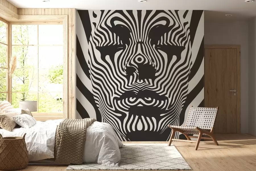 murales Op art estilo enrejado con la cara abstracta, líneas onduladas sobre fondo de color claro w02285
