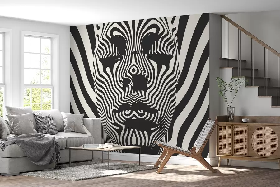 murales Op art estilo enrejado con la cara abstracta, líneas onduladas sobre fondo de color claro w02285