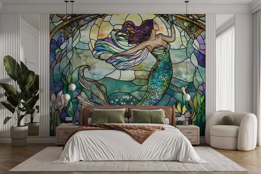 murales Papel pintado de estilo vidriera con la imagen de una sirena mágica w02286