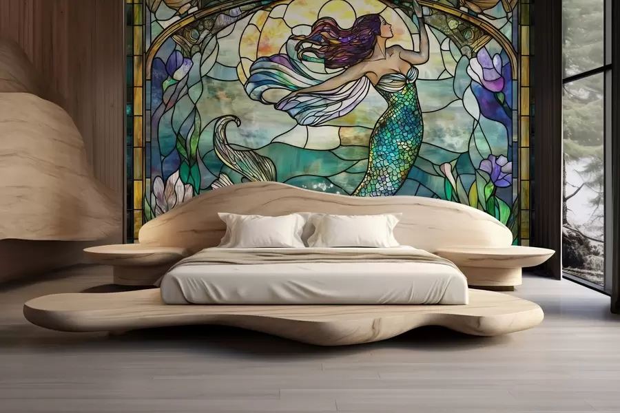 Wall Mural Photo Wallpaper Wallpaper in stained glass style with the image of a magical mermaid w02286