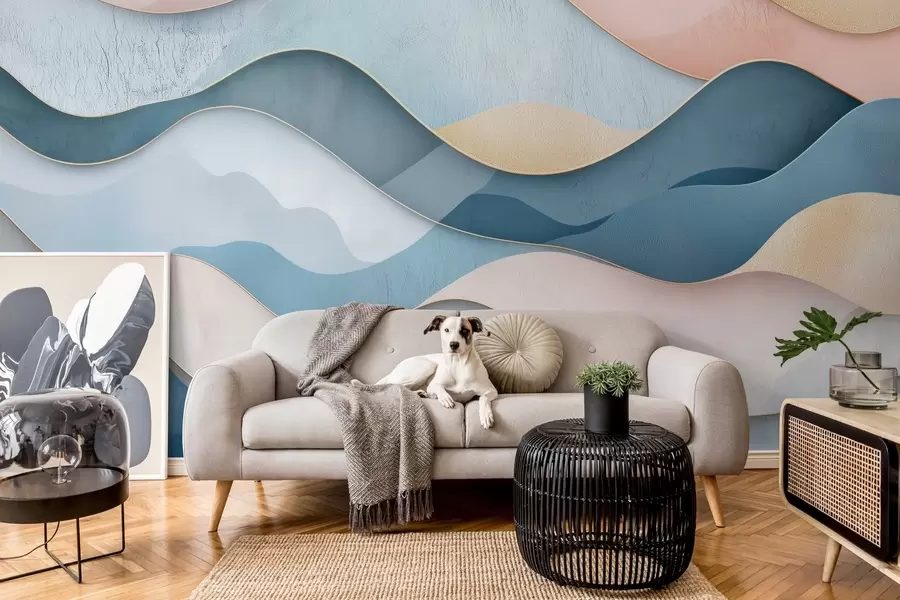 murales Motivo Art Déco ondulado en colores rosa y azul w02290