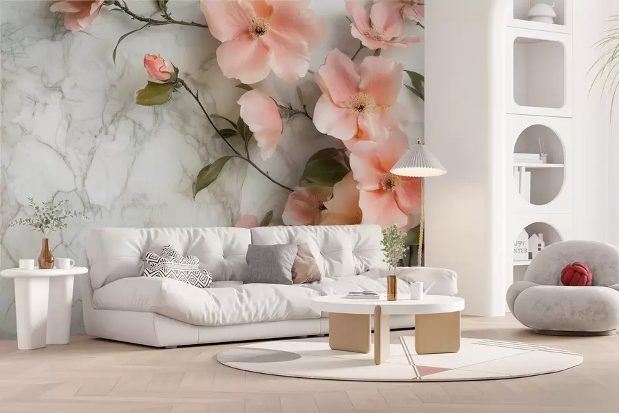 wall murals Delicate flowers on the background of marble imitation w02291