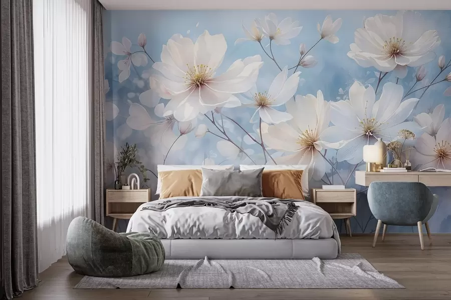 murales Delicadas flores blancas con suaves pétalos sobre un fondo azul difuminado, que crean una atmósfera serena y etérea w08412