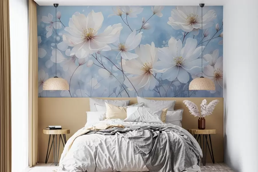 murales Delicadas flores blancas con suaves pétalos sobre un fondo azul difuminado, que crean una atmósfera serena y etérea w08412