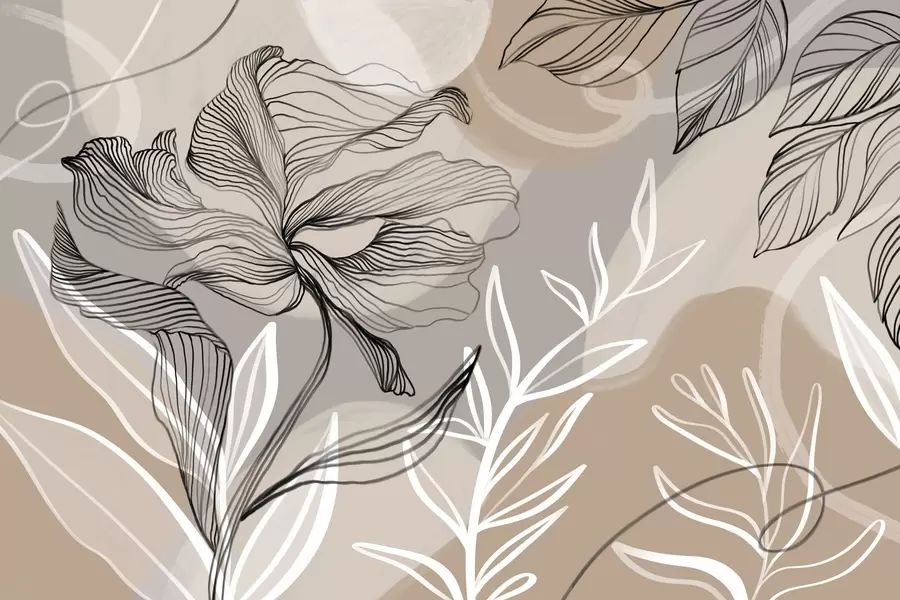 Wall Mural Photo Wallpaper Elegant floral print with large abstract line flowers and leaves in shades of gray and beige on a light background w08413