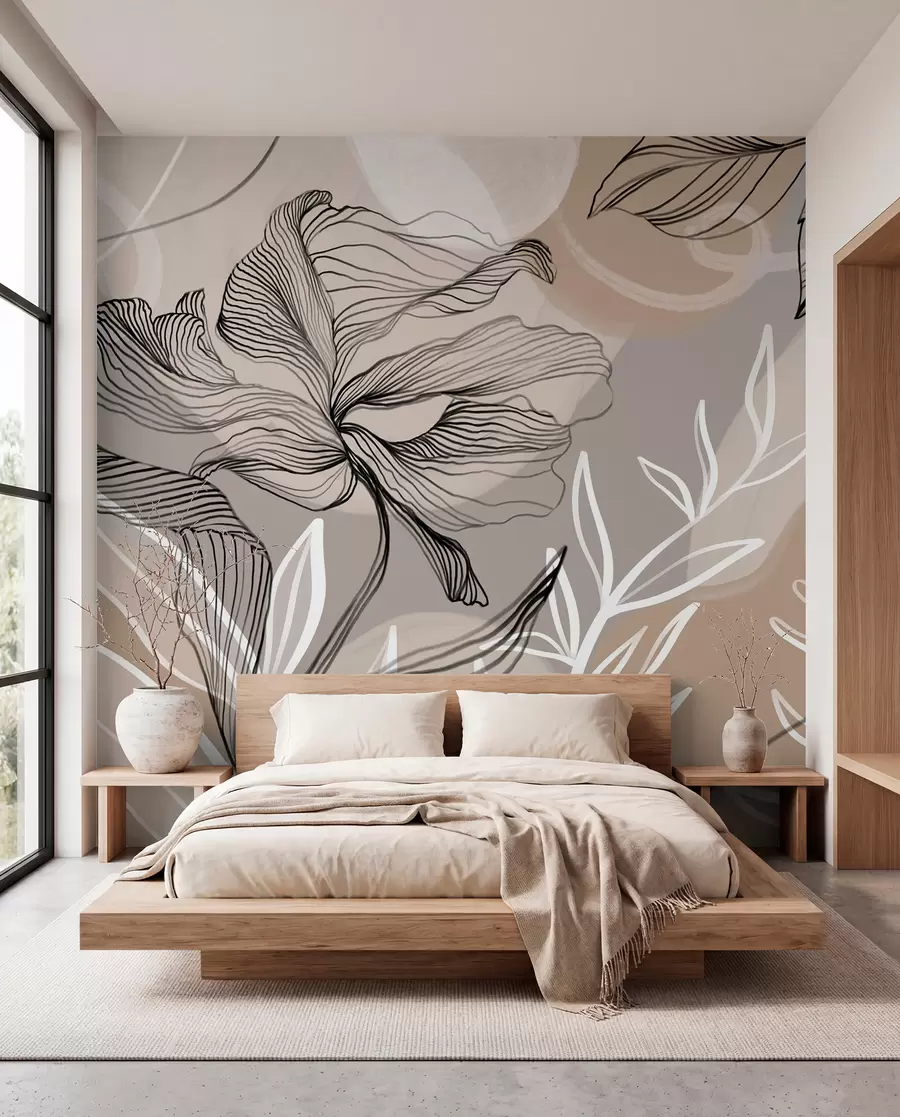 peintures murales Impression florale élégante avec de grandes fleurs et feuilles abstraites dans les tons gris et beige sur un fond clair w08413