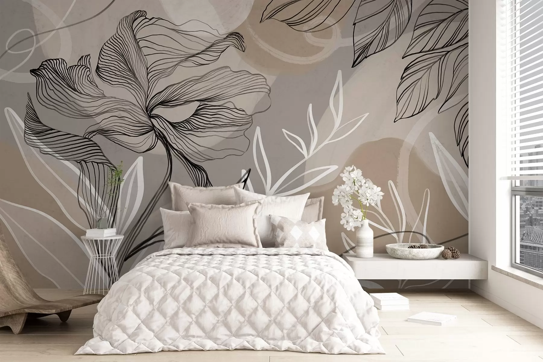 murales Elegante estampado floral con grandes flores y hojas de líneas abstractas en tonos grises y beige sobre fondo claro w08413