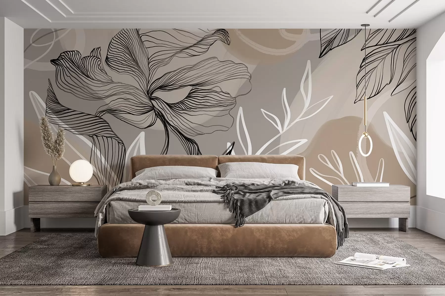 murales Elegante estampado floral con grandes flores y hojas de líneas abstractas en tonos grises y beige sobre fondo claro w08413