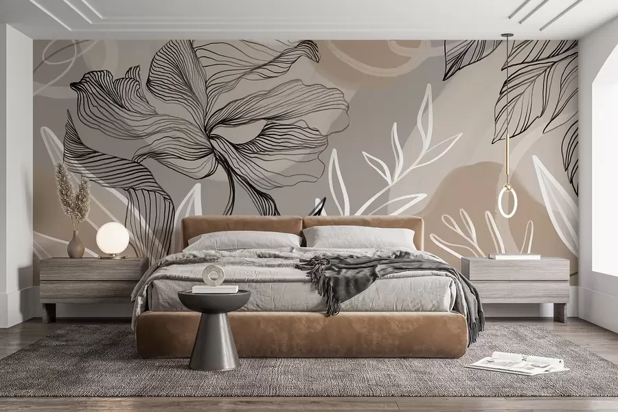 Wall Mural Photo Wallpaper Elegant floral print with large abstract line flowers and leaves in shades of gray and beige on a light background w08413