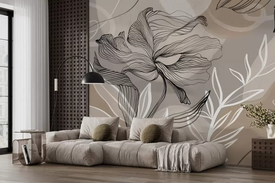 Wall Mural Photo Wallpaper Elegant floral print with large abstract line flowers and leaves in shades of gray and beige on a light background w08413