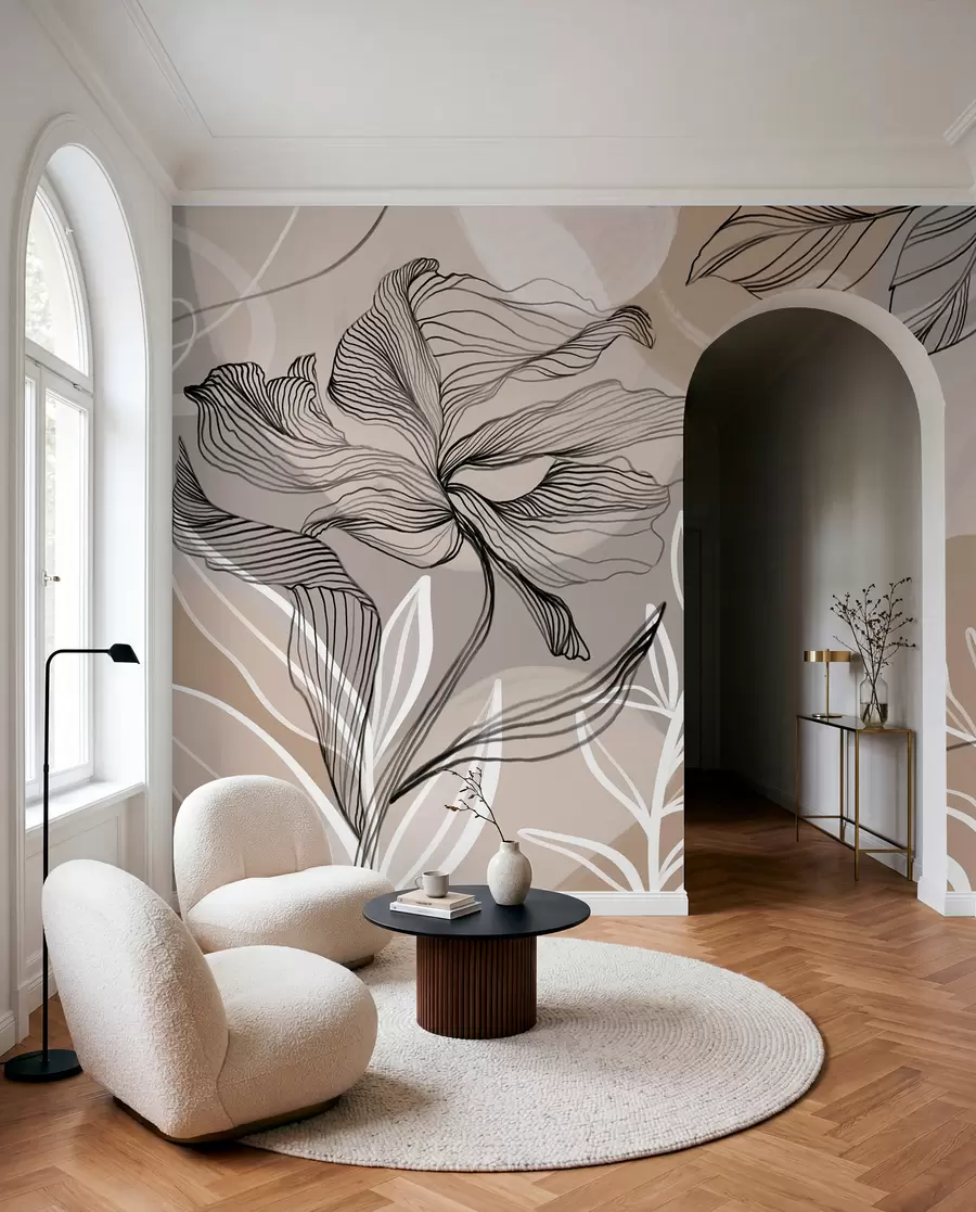 Wall Mural Photo Wallpaper Elegant floral print with large abstract line flowers and leaves in shades of gray and beige on a light background w08413