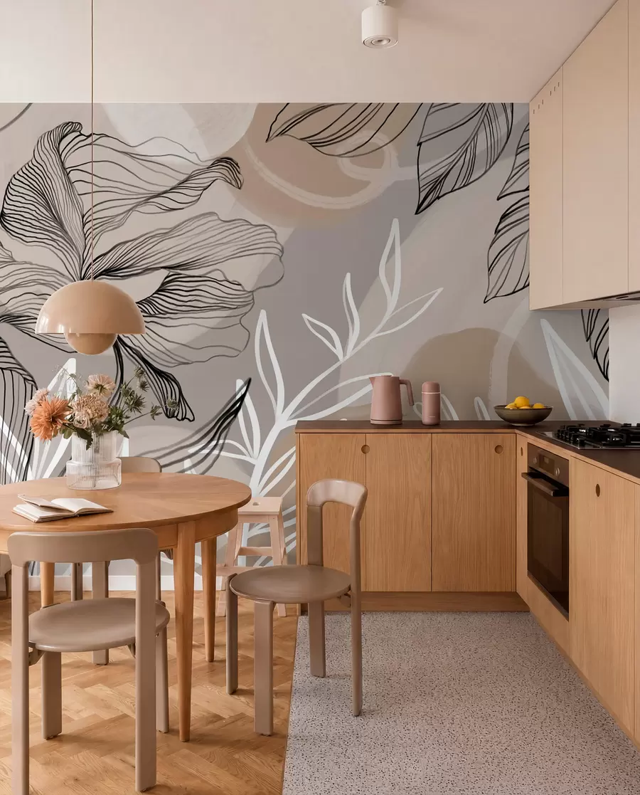 peintures murales Impression florale élégante avec de grandes fleurs et feuilles abstraites dans les tons gris et beige sur un fond clair w08413