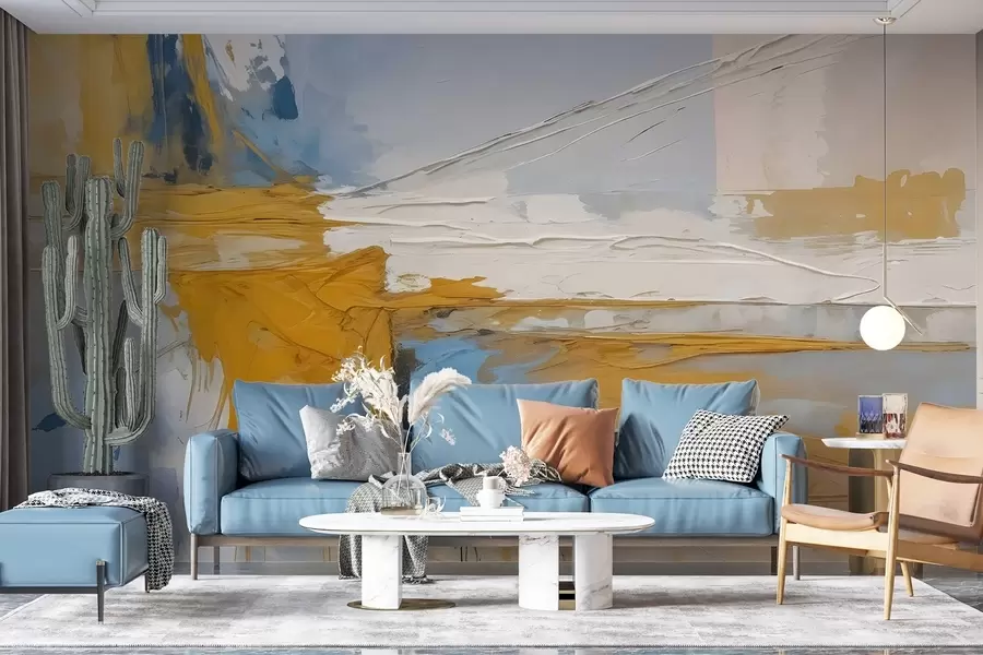Wall Mural Photo Wallpaper Minimalist abstract art composition with bold brushstrokes of yellow, blue, and white paint  w08414