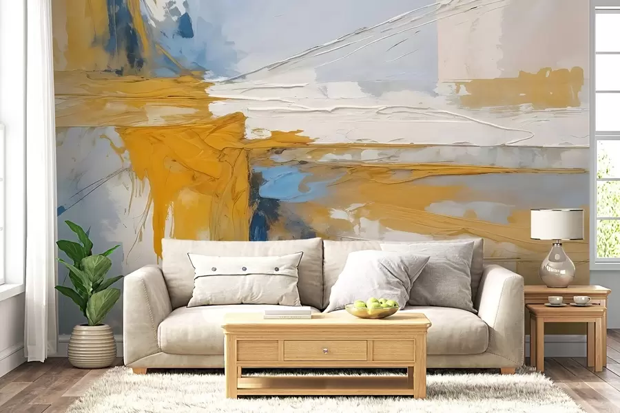 murales Composición minimalista de arte abstracto con atrevidas pinceladas de pintura amarilla, azul y blanca w08414