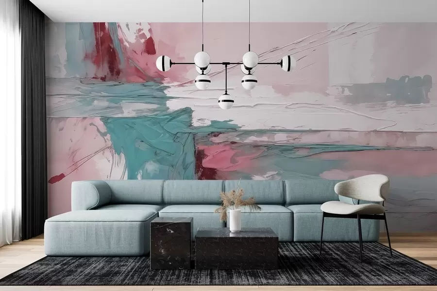 murales Composición minimalista de arte abstracto con atrevidas pinceladas de pintura rosa, azul y blanca w08414v1