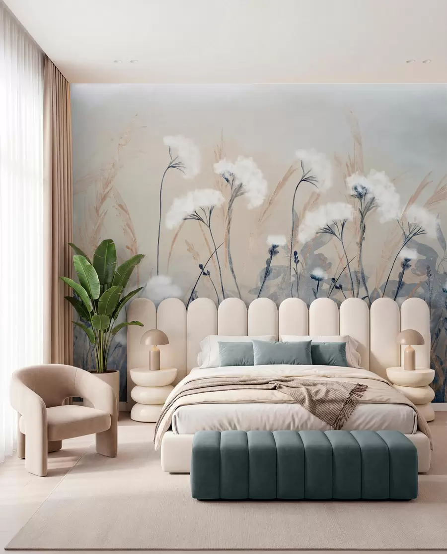 wall murals Fluffy white cotton grass against a blurred textural background, with a soft, hazy, and serene atmosphere w08416