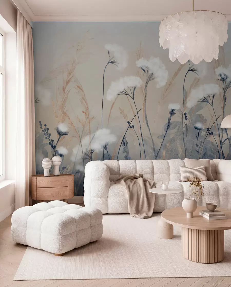 Wall Mural Photo Wallpaper Fluffy white cotton grass against a blurred textural background, with a soft, hazy, and serene atmosphere w08416