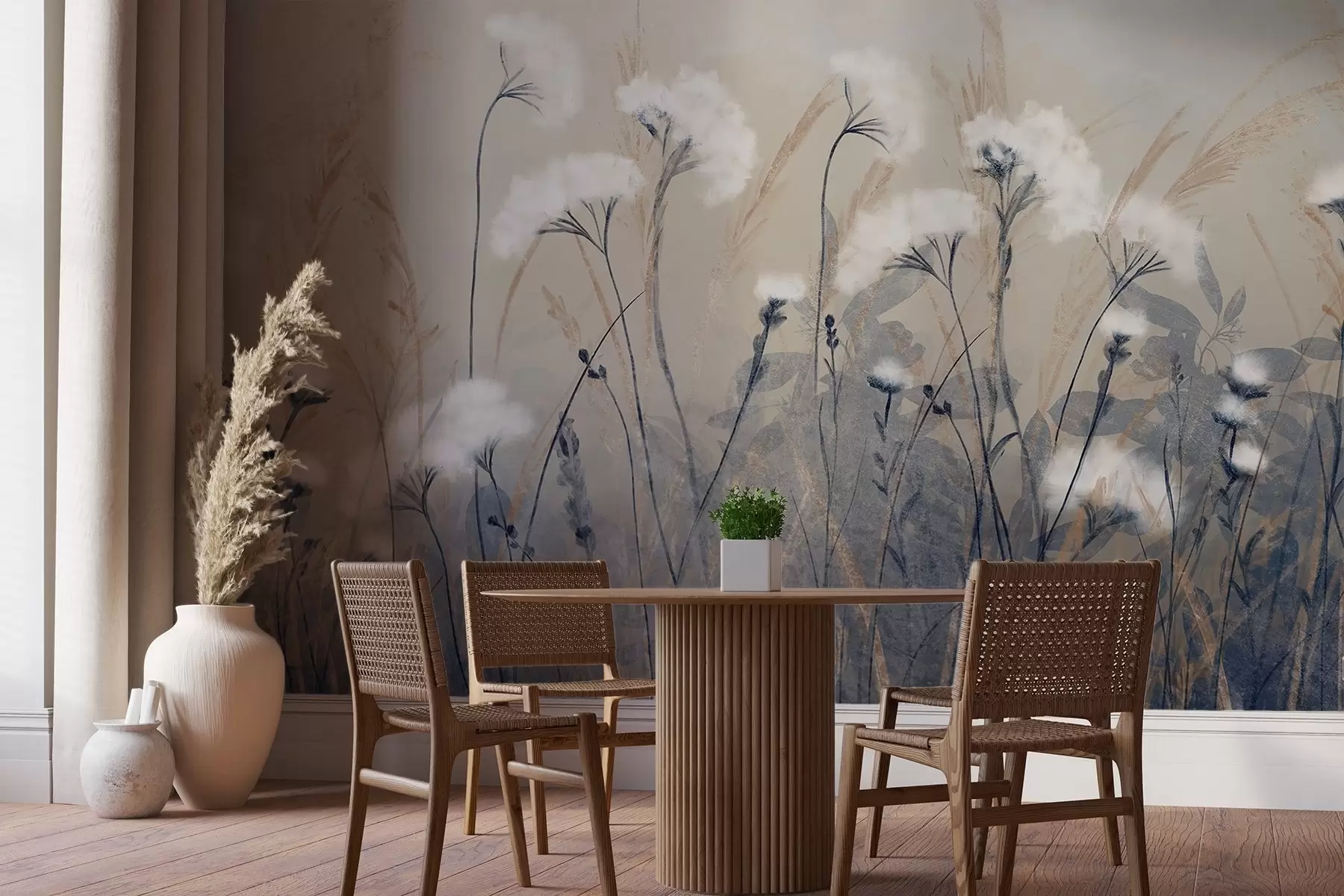 murales Hierba de algodón blanca y esponjosa sobre un fondo de textura borrosa, con una atmósfera suave, brumosa y serena w08416