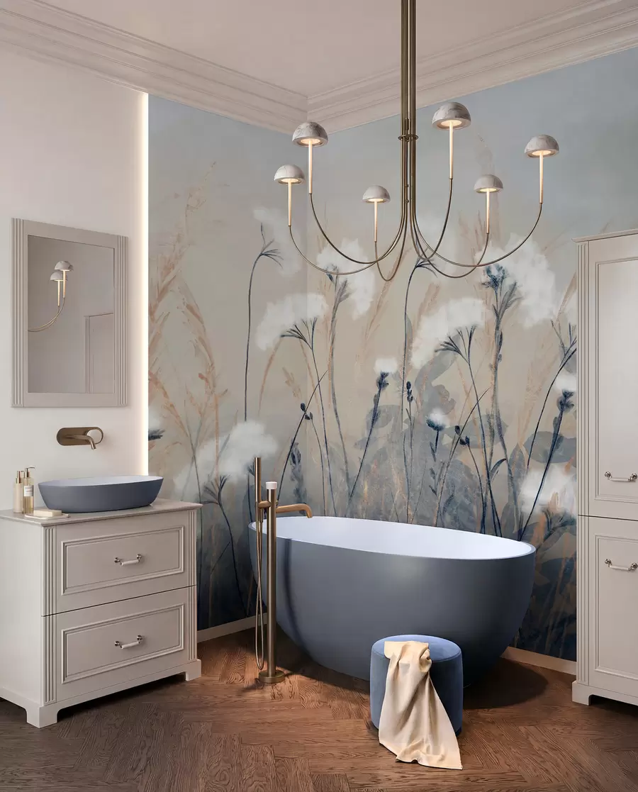 wall murals Fluffy white cotton grass against a blurred textural background, with a soft, hazy, and serene atmosphere w08416