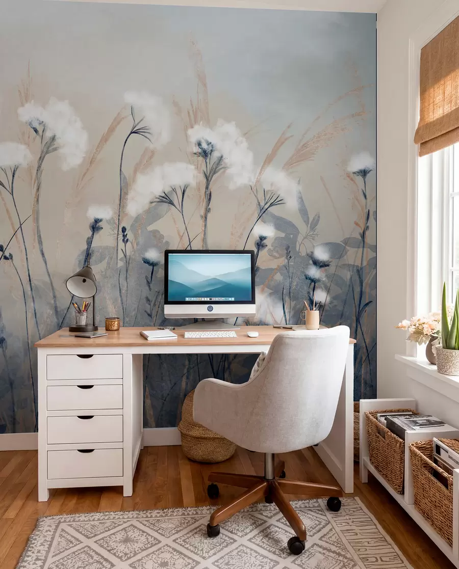 wall murals Fluffy white cotton grass against a blurred textural background, with a soft, hazy, and serene atmosphere w08416