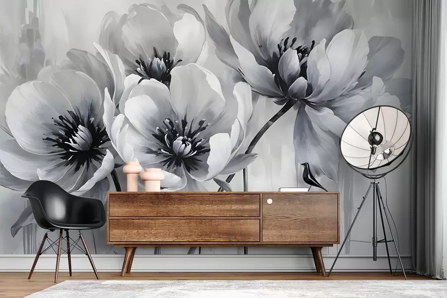 Wall Mural Photo Wallpaper Monochrome tulip flowers with soft, blurred petals against a light background w08418
